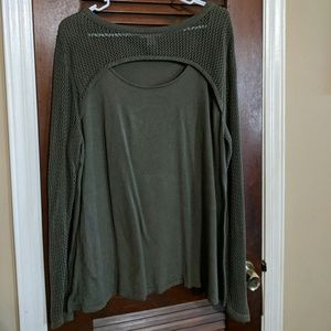 Olive green sweater with netting overlay